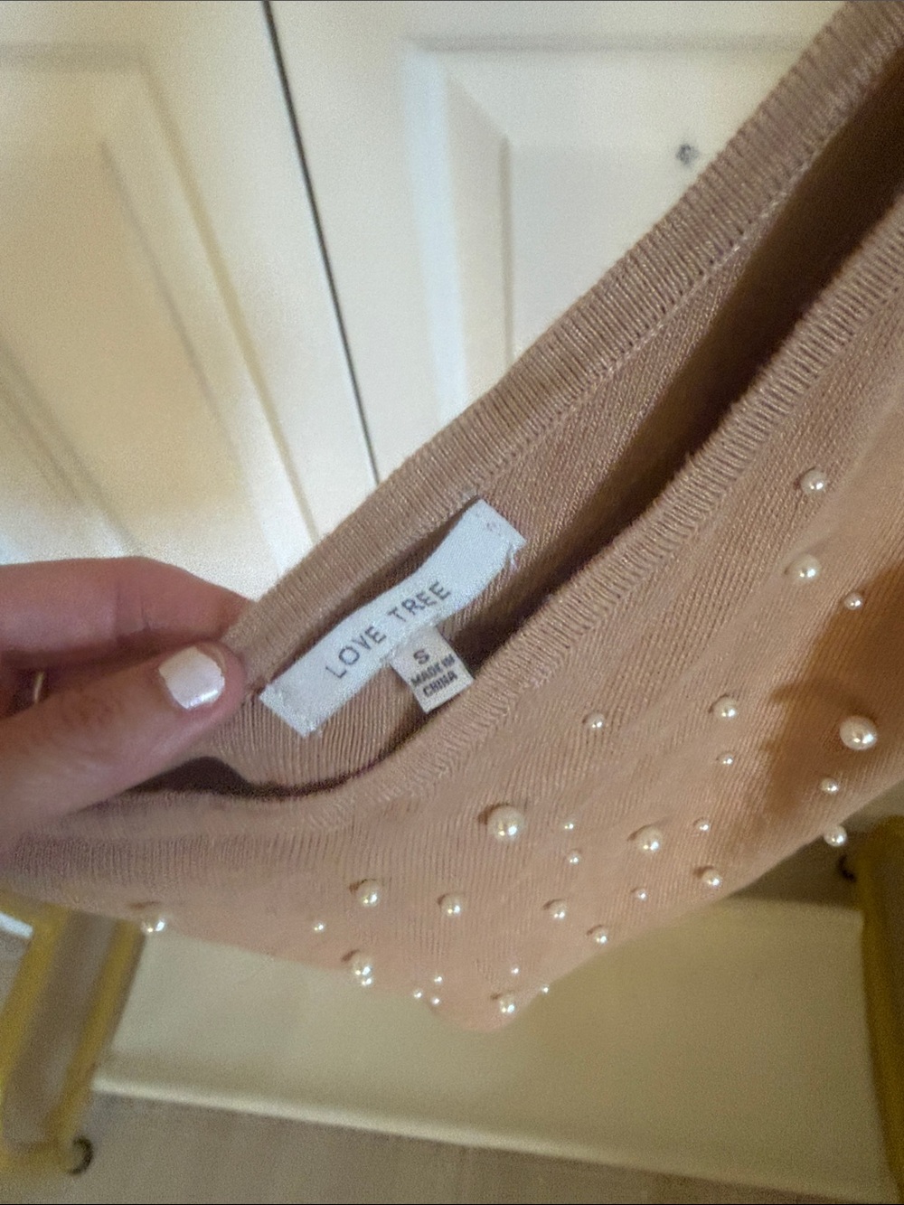 Love Tree Asymmetrical Pearl-Studded Crop Top in Blush Pink - Picture 2 of 5